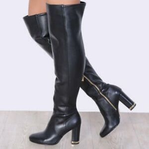 MICHAEL KORS Sabrina Black Over Knee Boots Iconic MK Gold Logo Chain Heel